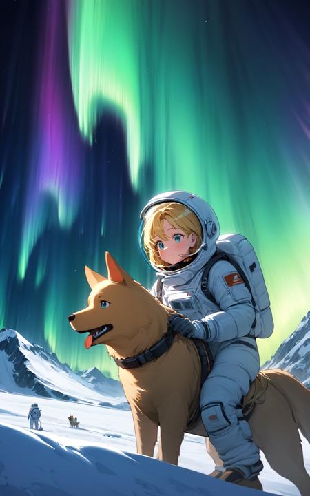 00120-1-1girl astronaut riding dog, blonde hair, in antarctica, aurora.png